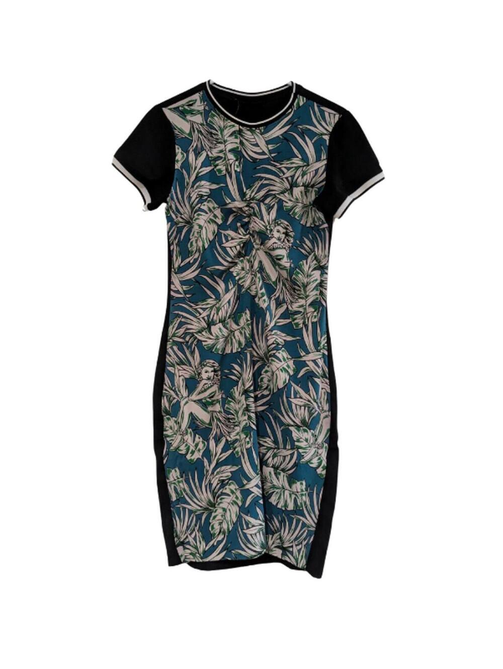 Zara Woman Tropical Hawaiian Print Midi Dress, Teal Green Black, Small, Bodycon